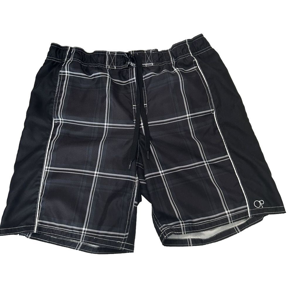 OP Board Shorts Swim Trunks Mens LG 36-38 Black/ Gy Plaid Drawstring Mesh Lined